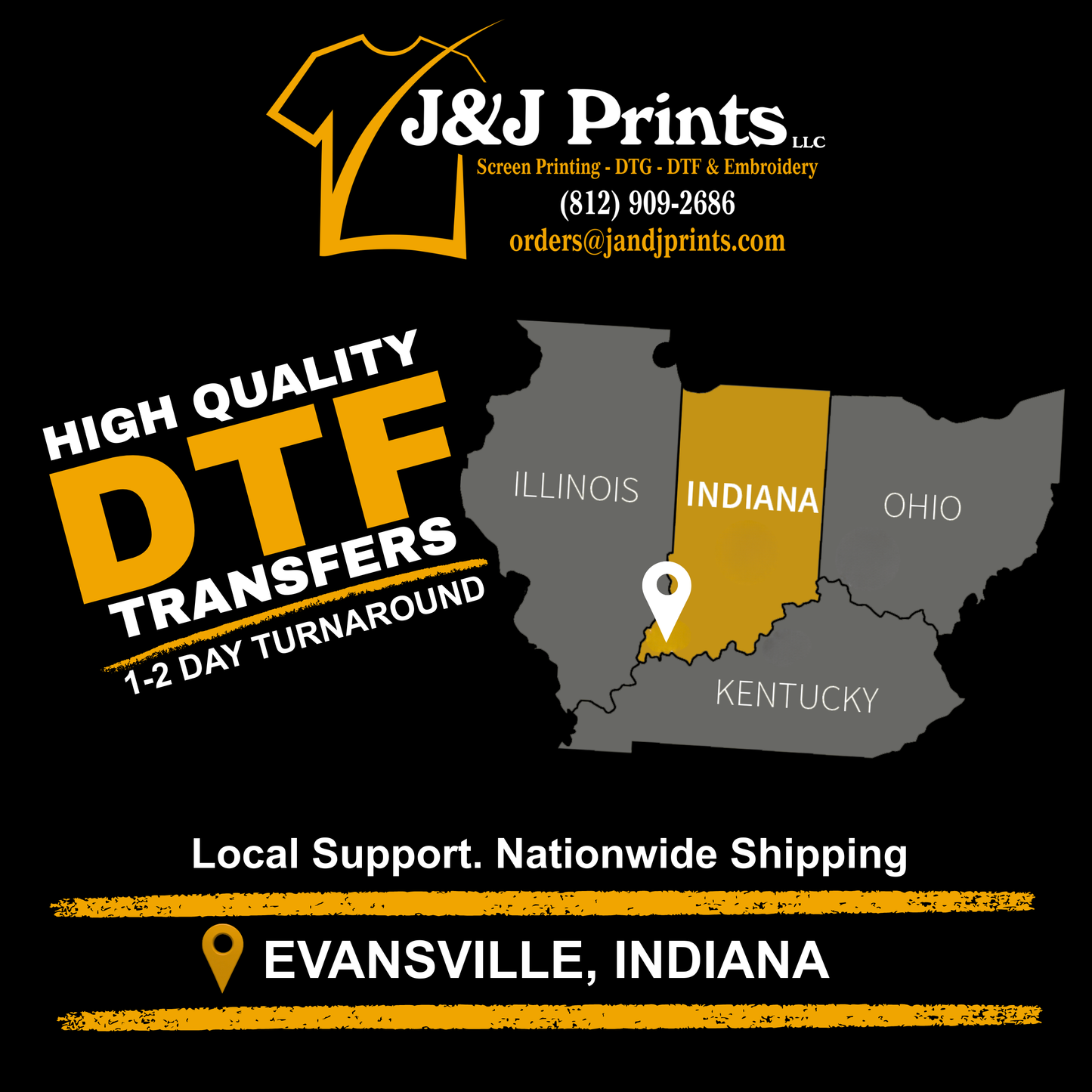 Advertisement for J&J Prints LLC with a map of Indiana highlighting Evansville, featuring their services in high-quality DTF transfers.